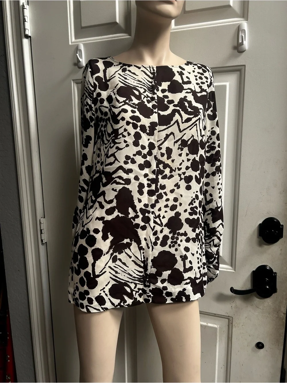 Tory Burch Silk Cream and Dark Brown Abstract Long-Sleeve Tunic Blouse Sz M